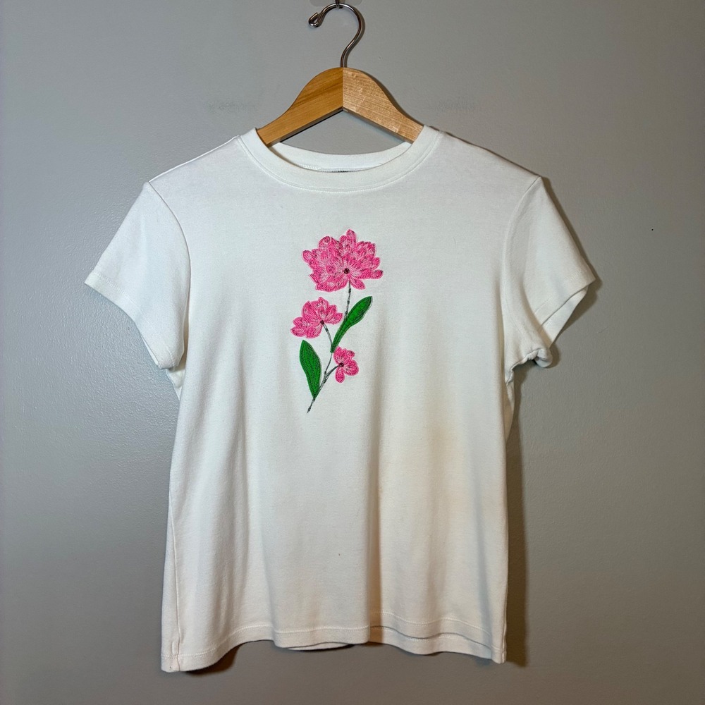 Vintage Lighthouse Apparel White Ribbed Cotton Floral Embroidered T-Shirt Large